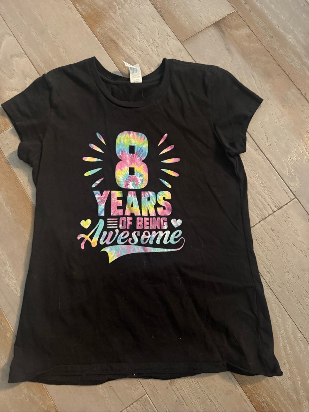 District Black Tee with Rainbow Tie-Dye '8 Years of Being Awesome' Graphic